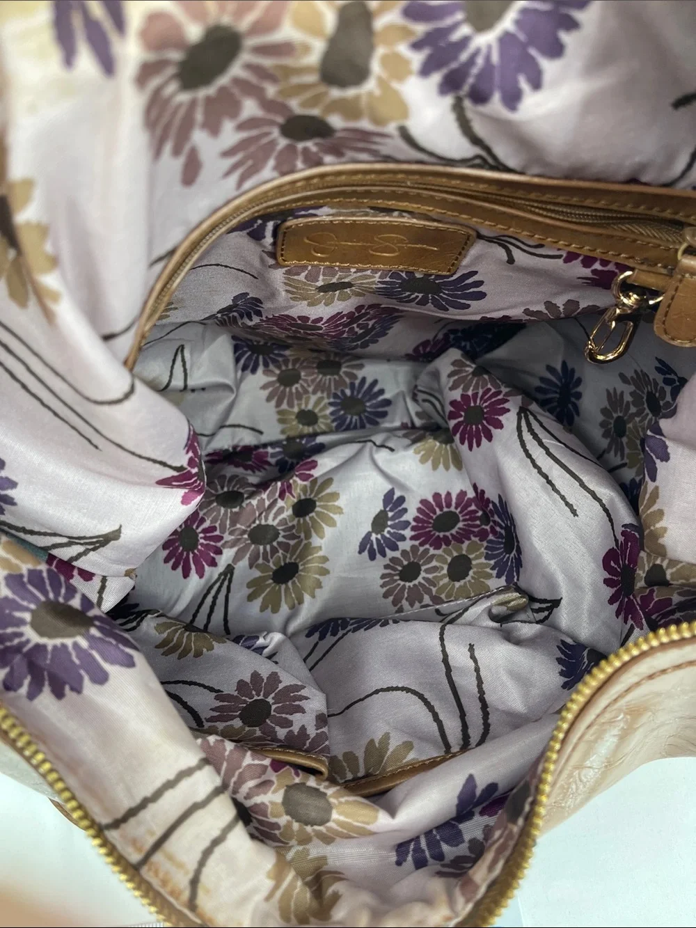 JESSICA SIMPSON  HOBO Tote/PURSE /Bag with Floral Lining - Tan GOLD DETAILS